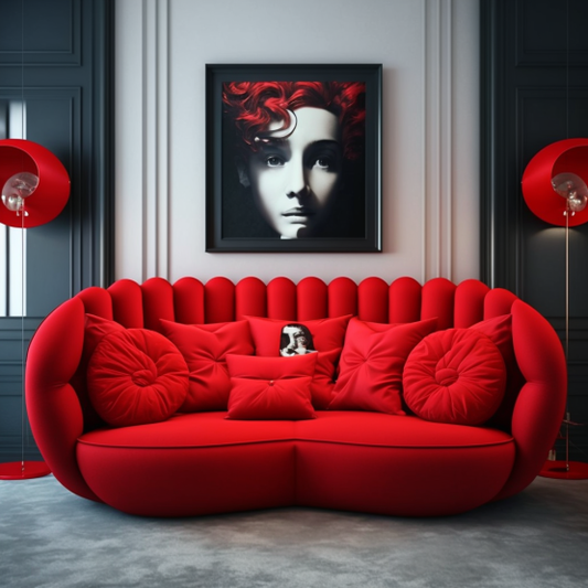 Red sofa with plush cushions