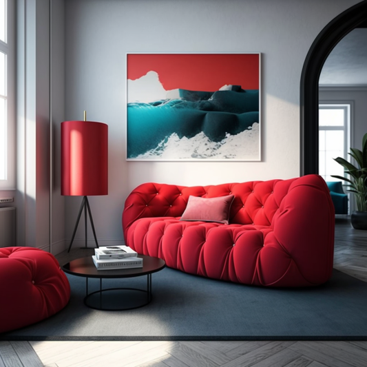 Red sofa with plush cushions