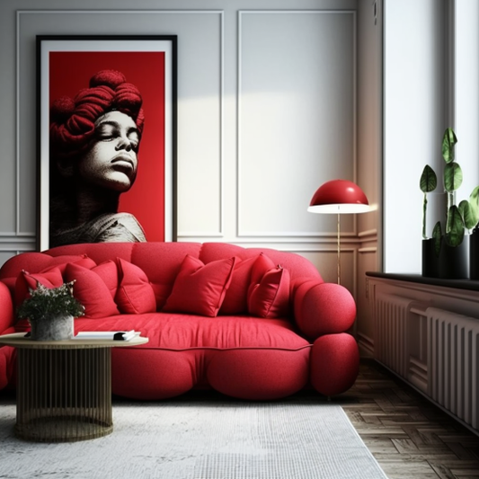 Red sofa with plush cushions