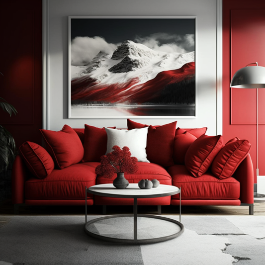 Red sofa with plush cushions