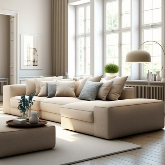 A contemporary sectional sofa in a soft beige fabric