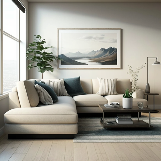 A contemporary sectional sofa in a soft beige fabric