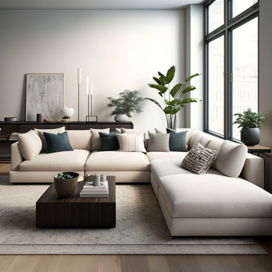 A contemporary sectional sofa in a soft beige fabric