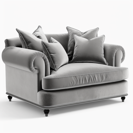 Overstuffed loveseat with a soft velvet upholstery and plush cushioning.