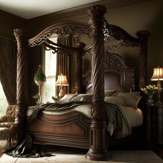 Four-poster bedframe with intricate carvings and a deep cherry finish.
