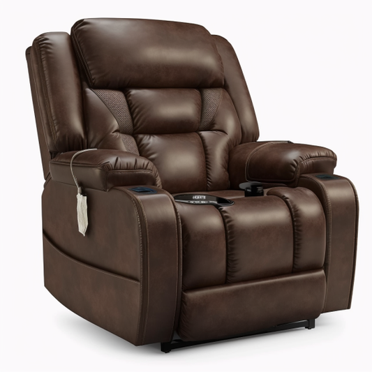 A luxurious recliner with a soft leather upholstery and built-in massagers.
