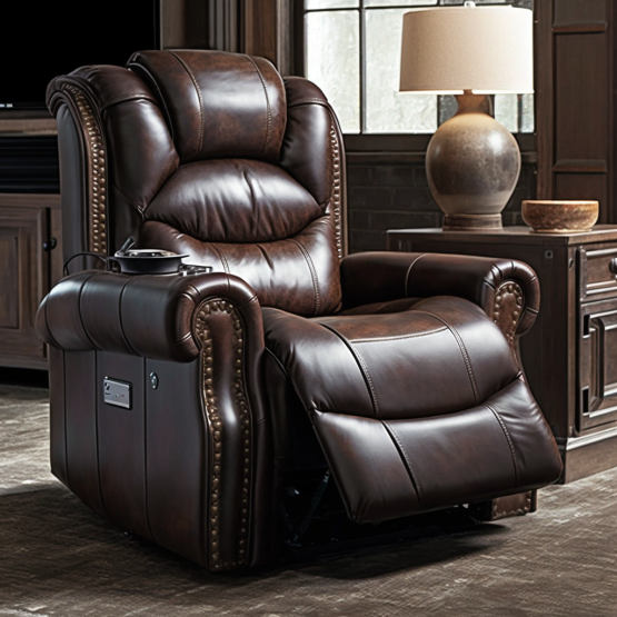A luxurious recliner with a soft leather upholstery and built-in massagers.