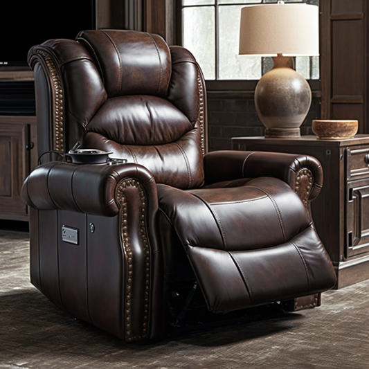 A luxurious recliner with a soft leather upholstery and built-in massagers.