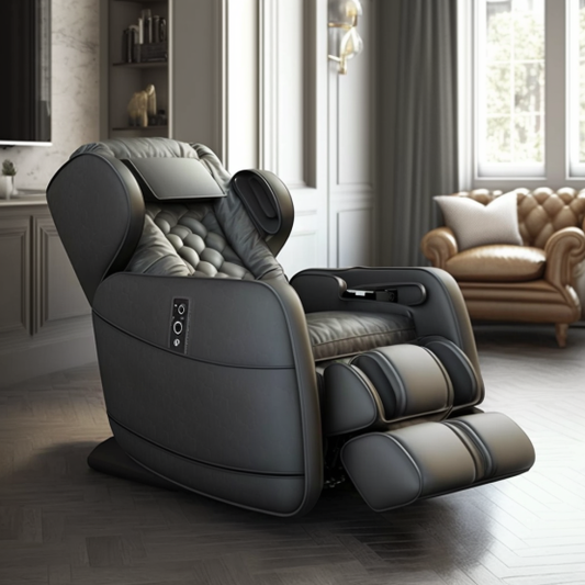A luxurious recliner with a soft leather upholstery and built-in massagers.