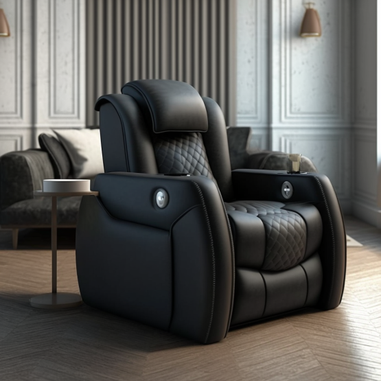 A luxurious recliner with a soft leather upholstery and built-in massagers.