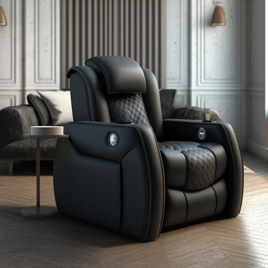 A luxurious recliner with a soft leather upholstery and built-in massagers.