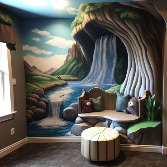 Built-in Seating and Waterfall Mural