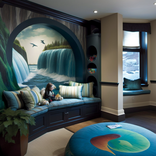 Built-in Seating and Waterfall Mural