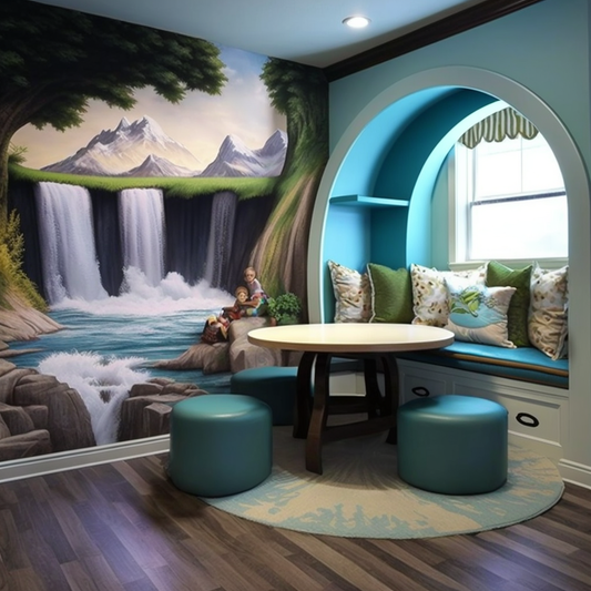 Built-in Seating and Waterfall Mural