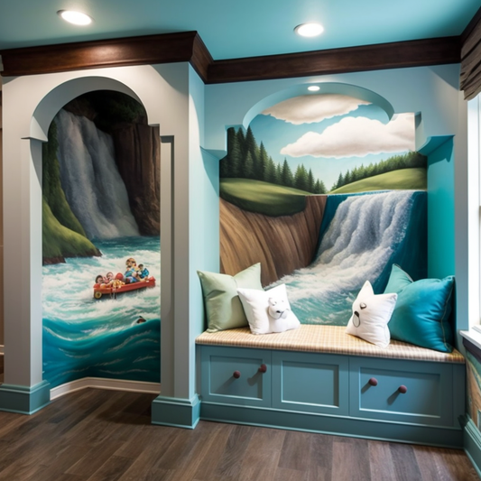 Built-in Seating and Waterfall Mural