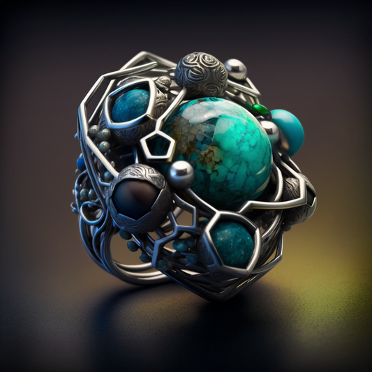 Handcrafted Silver Galaxy Ring with Wire Wrap and Natural Jade & Turquoise