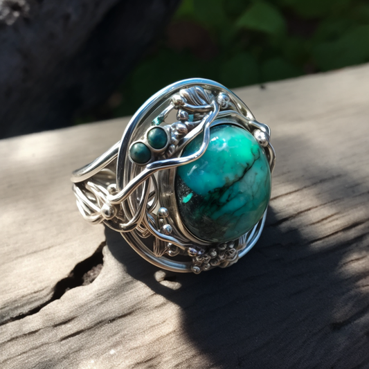 Handcrafted Silver Galaxy Ring with Wire Wrap and Natural Jade & Turquoise