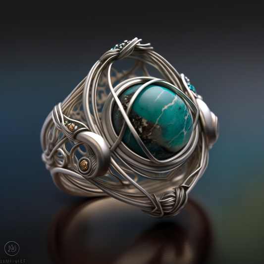 Handcrafted Silver Galaxy Ring with Wire Wrap and Natural Jade & Turquoise