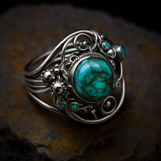 Handcrafted Silver Galaxy Ring with Wire Wrap and Natural Jade & Turquoise