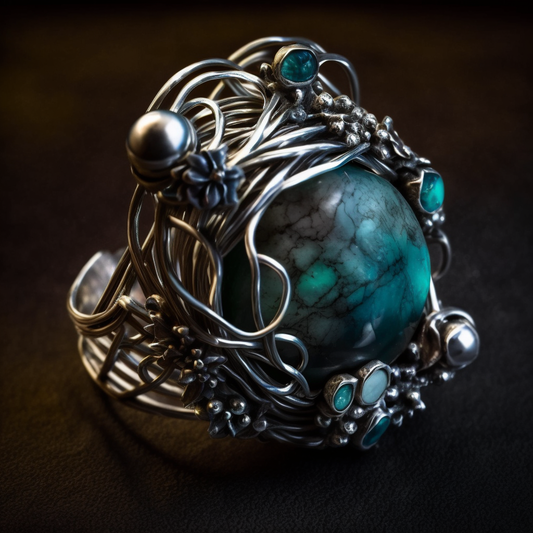 Handcrafted Silver Galaxy Ring with Wire Wrap and Natural Jade & Turquoise