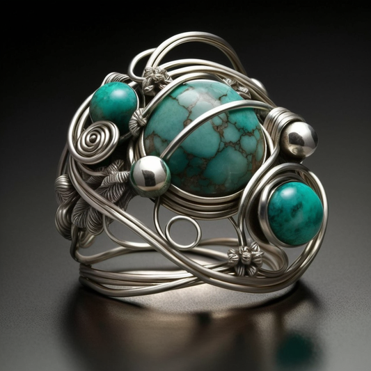 Handcrafted Silver Galaxy Ring with Wire Wrap and Natural Jade & Turquoise