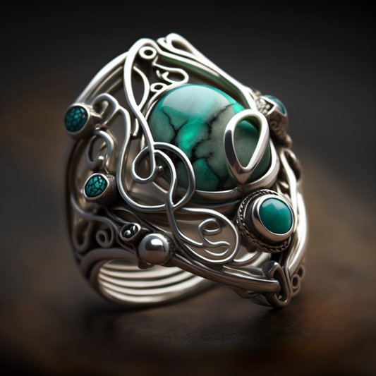 Handcrafted Silver Galaxy Ring with Wire Wrap and Natural Jade & Turquoise