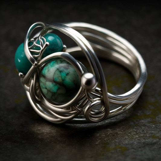 Handcrafted Silver Galaxy Ring with Wire Wrap and Natural Jade & Turquoise
