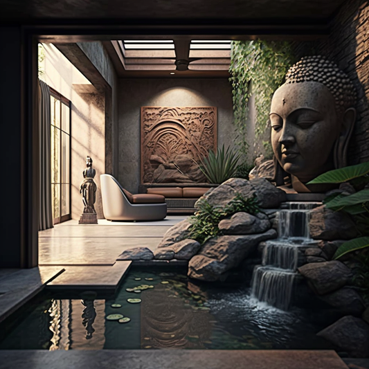 Living Room Waterfall with Buddha Features and Flowing Water - Frank Lloyd Wright Style Indoor Oasis