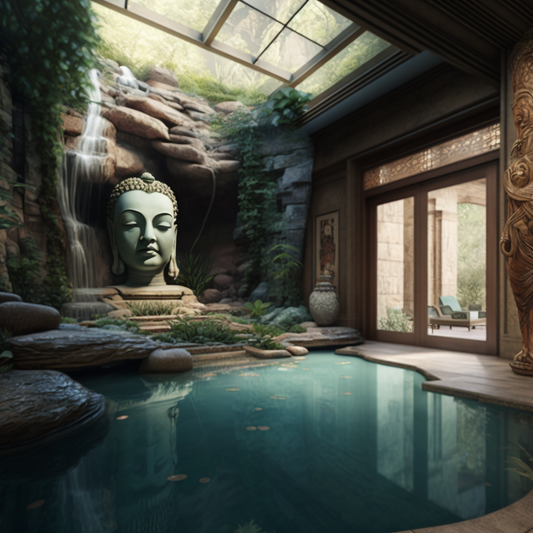 Living Room Waterfall with Buddha Features and Flowing Water - Frank Lloyd Wright Style Indoor Oasis
