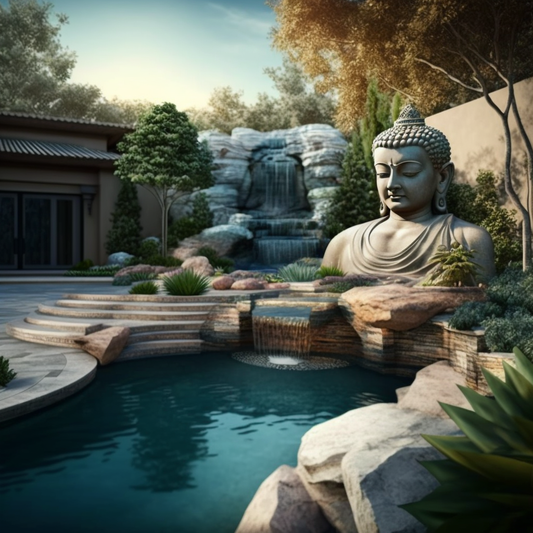 Backyard Stone Landscaped Waterfall with Buddha Features and Flowing Water