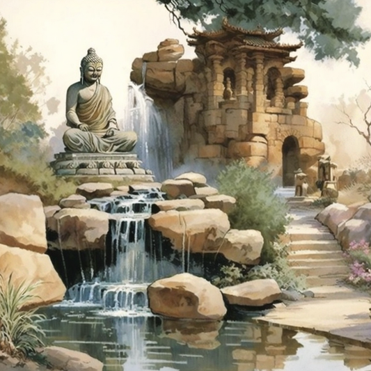 Stone Landscaped Waterfall with Buddha Features and Flowing Water - Tranquil Garden Decor