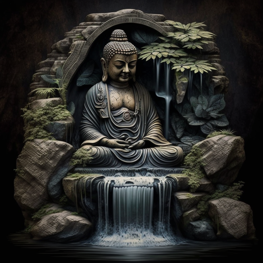 Stone Landscaped Waterfall with Buddha Features and Flowing Water - Tranquil Garden Decor