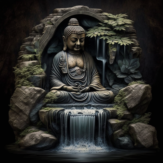 Stone Landscaped Waterfall with Buddha Features and Flowing Water - Tranquil Garden Decor