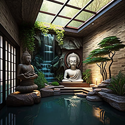 Living Room Waterfall with Buddha Features and Flowing Water - Frank Lloyd Wright Style Indoor Oasis
