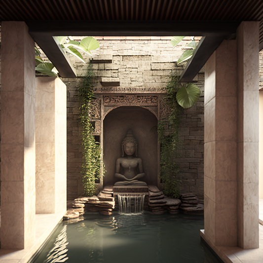 Living Room Waterfall with Buddha Features and Flowing Water - Frank Lloyd Wright Style Indoor Oasis