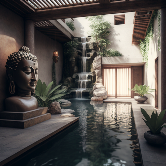 Living Room Waterfall with Buddha Features and Flowing Water - Frank Lloyd Wright Style Indoor Oasis