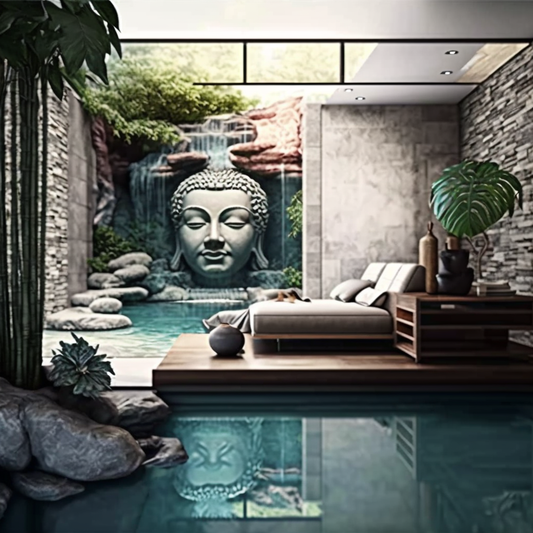 Living Room Waterfall with Buddha Features and Flowing Water - Frank Lloyd Wright Style Indoor Oasis