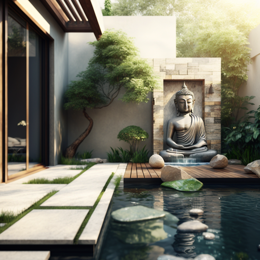 Backyard Stone Landscaped Waterfall with Buddha Features and Flowing Water