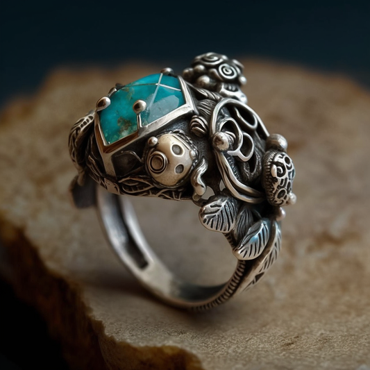 Silver Turtle Ring with Natural Jade and Turquoise - Handcrafted Wire Wrap Design