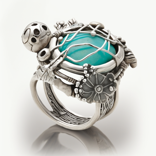 Silver Turtle Ring with Natural Jade and Turquoise - Handcrafted Wire Wrap Design