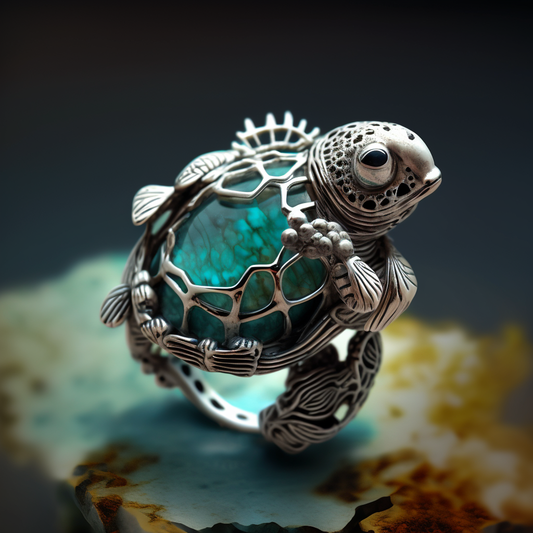 Silver Turtle Ring with Natural Jade and Turquoise - Handcrafted Wire Wrap Design
