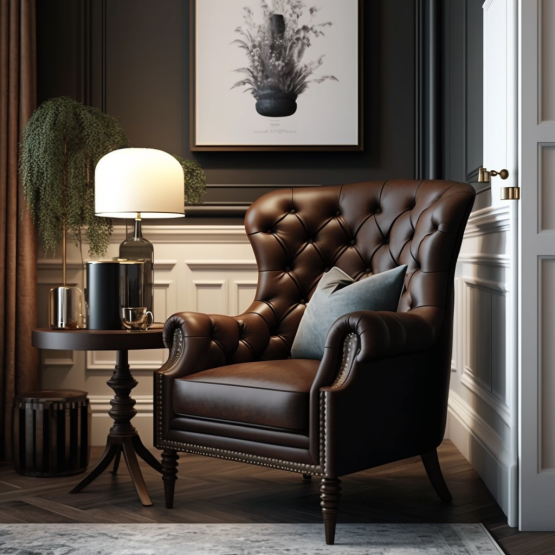 A classic, tufted leather club chair with a rich brown finish and sturdy wooden legs. 