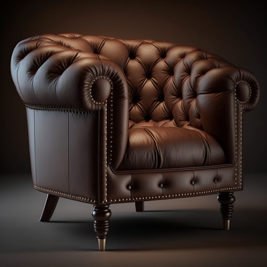 A classic, tufted leather club chair with a rich brown finish and sturdy wooden legs. 