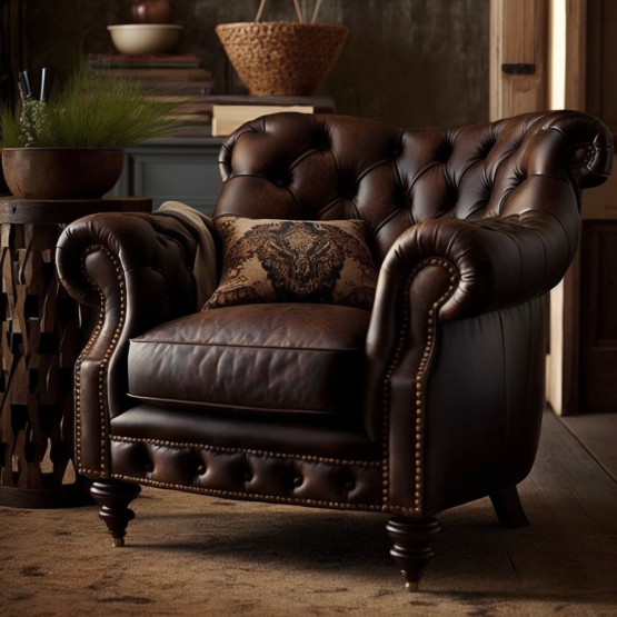 A classic, tufted leather club chair with a rich brown finish and sturdy wooden legs. 