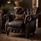 A classic, tufted leather club chair with a rich brown finish and sturdy wooden legs. 