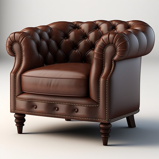 A classic, tufted leather club chair with a rich brown finish and sturdy wooden legs. 