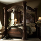 Four-poster bedframe with intricate carvings and a deep cherry finish. 