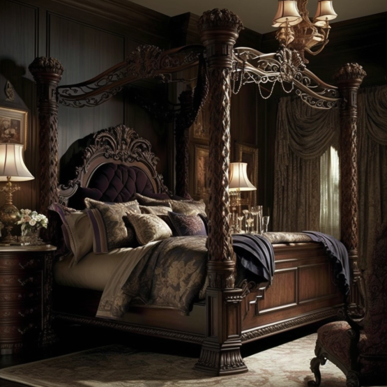 Four-poster bedframe with intricate carvings and a deep cherry finish. 