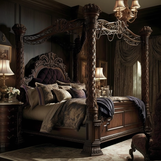 Four-poster bedframe with intricate carvings and a deep cherry finish. 