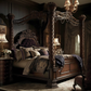 Four-poster bedframe with intricate carvings and a deep cherry finish. 